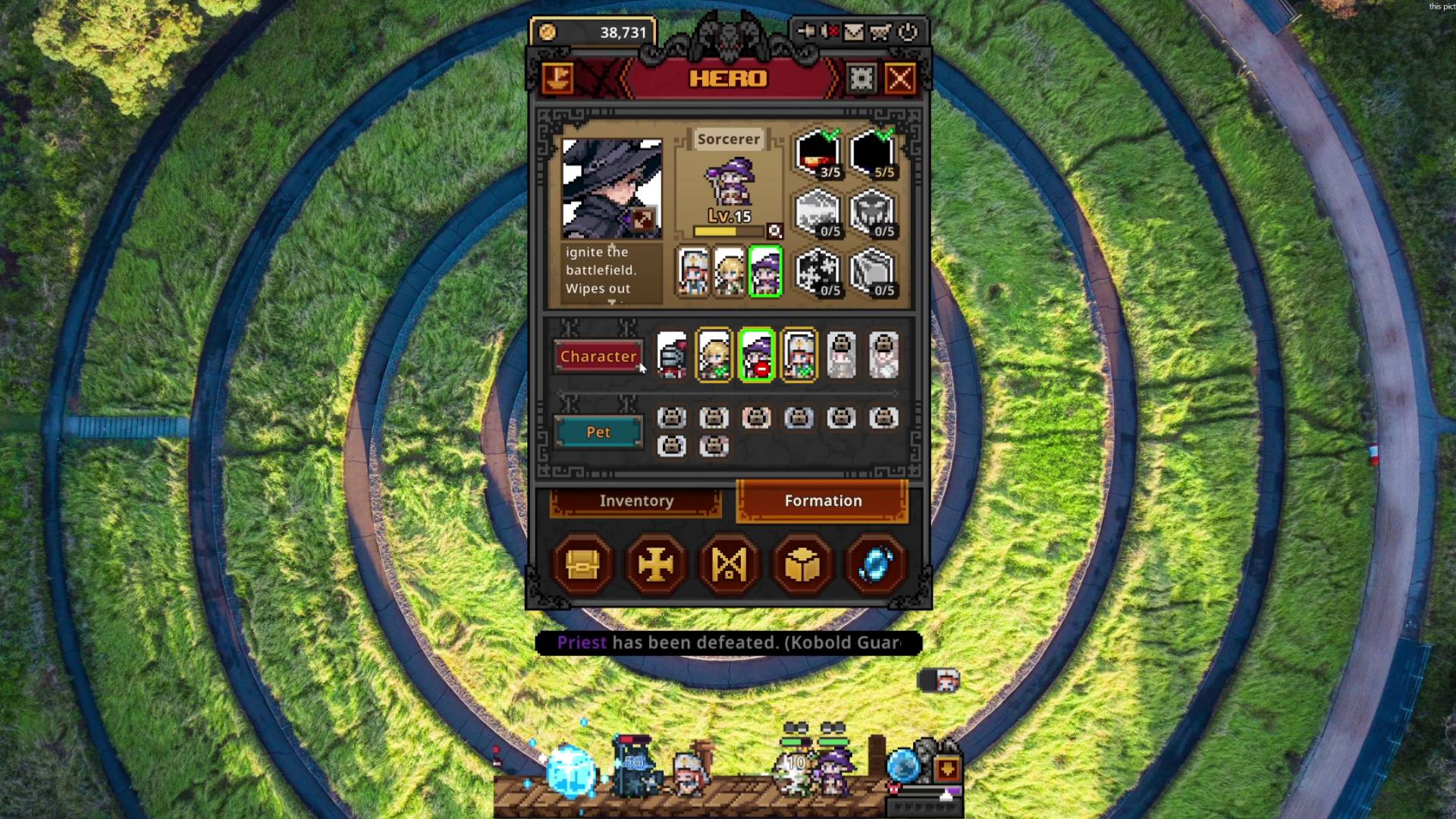 TBH Task Bar Hero priest, ranger, and sorcerer characters in formation menu