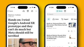 Two iPhone 16 Pro devices running the Pocket app.