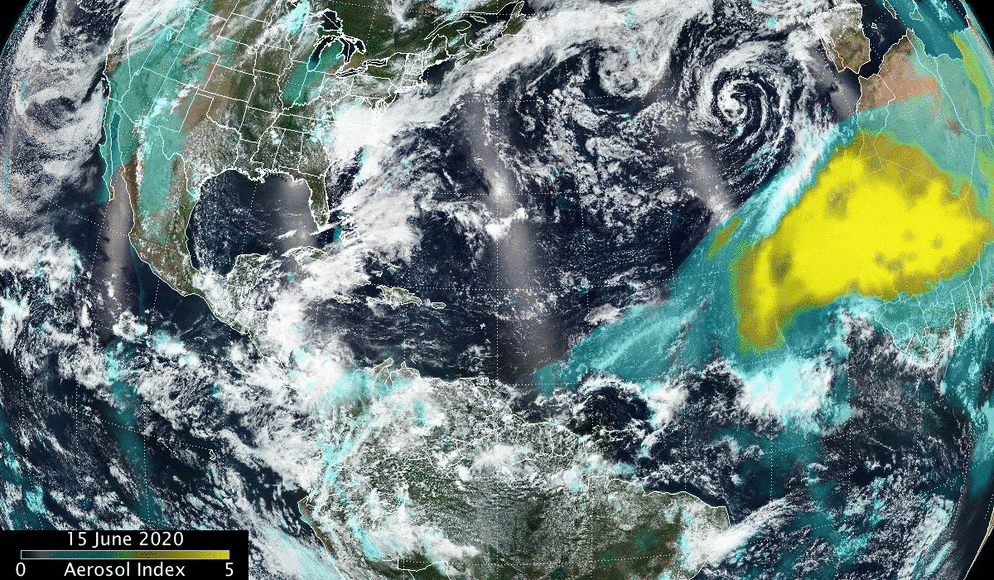 This animation of the progression of the Saharan dust cloud across the Atlantic Ocean from June 15 to 25, 2020 combines OMPS aerosol index and VIIRS visible imagery from NASA/NOAA's Suomi NPP satellite. The dust plume moved from Africa's west coast over the Atlantic into the Caribbean Sea and up through the Gulf of Mexico. The largest and thickest part of the plume is visible over the eastern and central Atlantic Ocean.