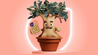 Felix Mobile potted tree mascot holding a SIM card