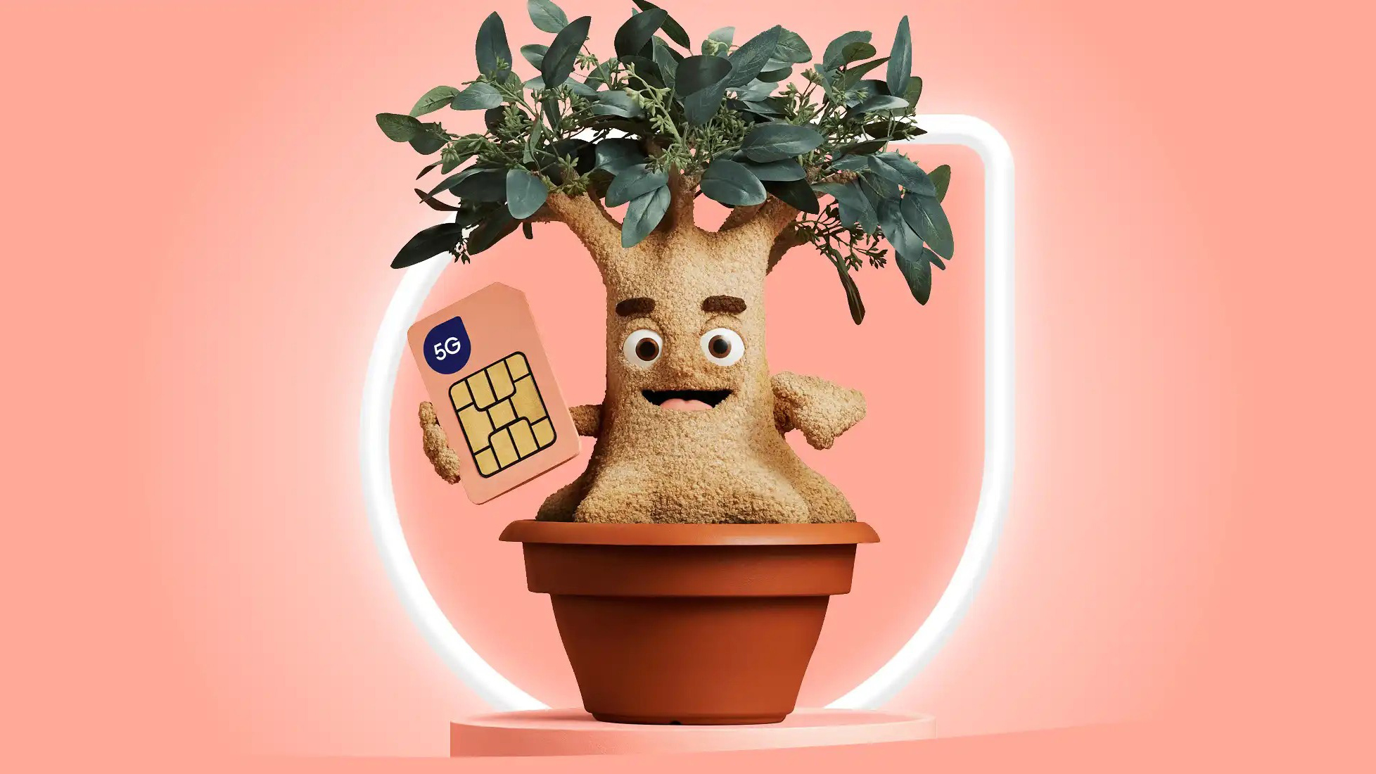 Felix Mobile potted tree mascot holding a SIM card