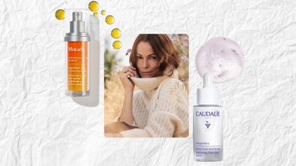 a paper backdrop with an image of a woman with brown hair, wearing a cream roll neck jumper smiling, beside a Murad dark spot correcting serum some drops of serum and caudalie vinperfect brightening dark spot serum 