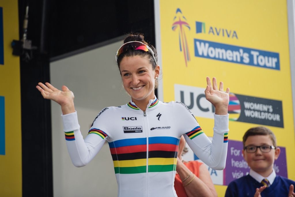 Lizzie Armitstead (Boels Dolmans) waves from the podium