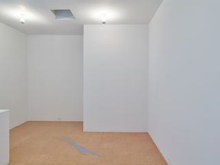 A rabbit-like shadow on a brown tiled concrete floor in a room featuring white walls and ceiling with ceiling light bulbs