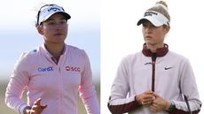 Jeeno Thitikul waves and Nelly Korda walks on the green