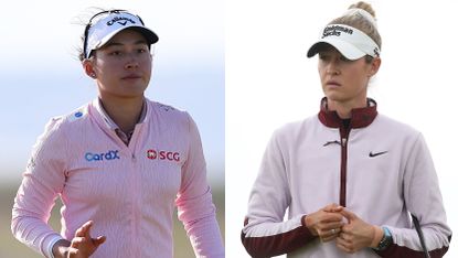Jeeno Thitikul waves and Nelly Korda walks on the green