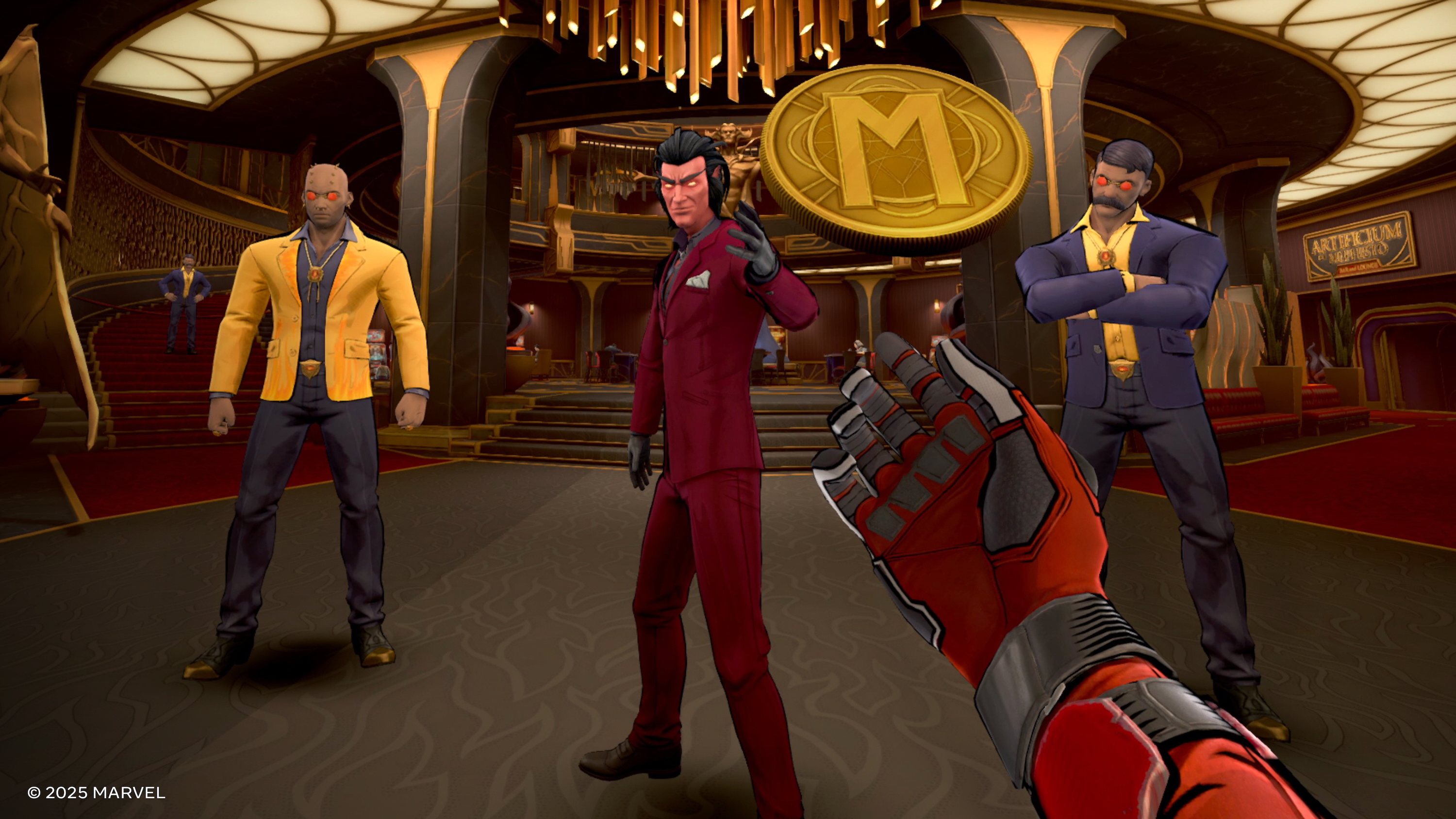 A Deadpool VR screenshot showing the character Mojo and two bodyguards standing in a casino-like room, with Mojo flipping an M-labeled gold coin to Deadpool.