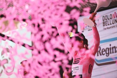 SANTE STEFANO DI CADORE, ITALY - JUNE 03: Anna van der Breggen of Netherlands and Team SD Worx - Protime celebrates at podium as Pink Leader Jersey winner during the 37th Giro d'Italia Women 2026, Stage 5 a 146km stage from Longarone to Sante Stefano di Cadore 911m / #UCIWWT / on June 03, 2026 in Sante Stefano di Cadore, Italy. (Photo by Luc Claessen/Getty Images)