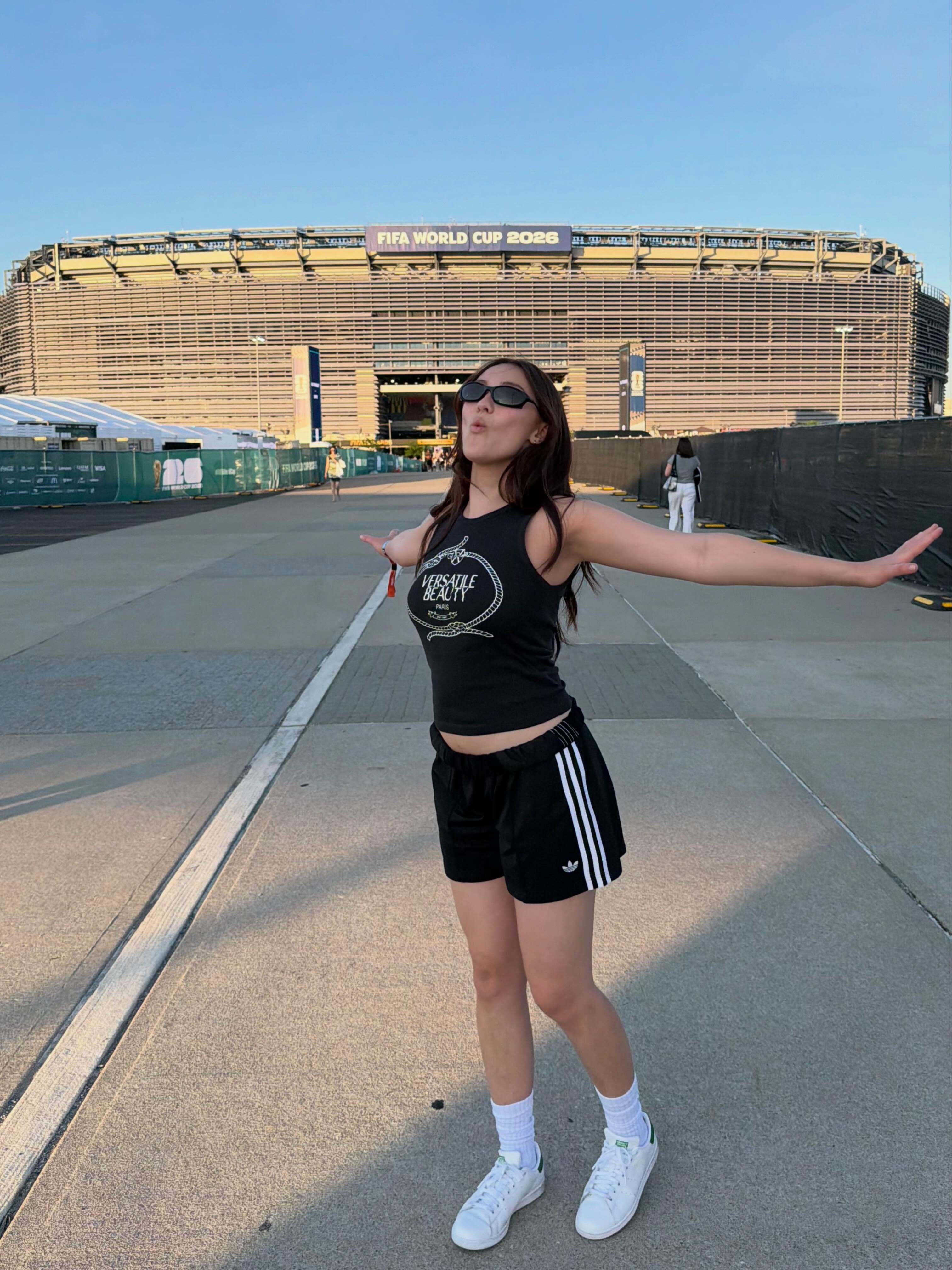 Lola Tung wore the track shorts trend at the World Cup on June 12 2026