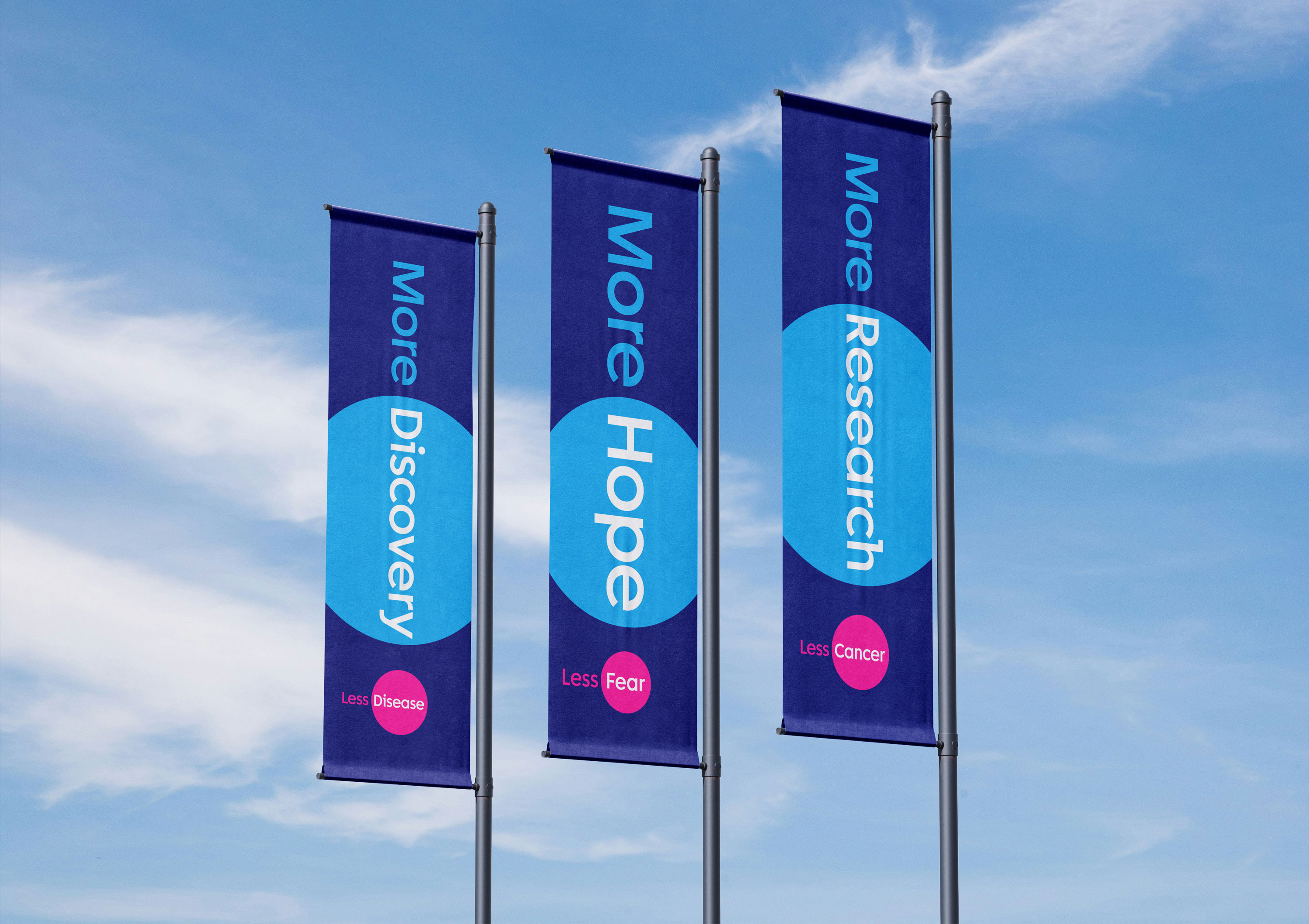 three flags that say more research, more hope, more discovery on them