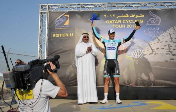 Tom Boonen (Omega Pharma-Quick Step) celebrates on the podium.