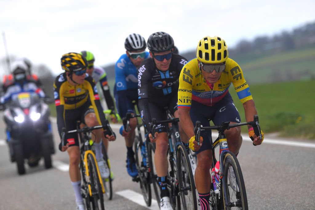 SAINTIMIER SWITZERLAND APRIL 29 Jonathan Klever Caicedo Cepeda of Ecuador and Team EF Education Nippo in the Breakaway during the 74th Tour De Romandie 2021 Stage 2 a 1657km stage from La Neuveville to SaintImier TDR2021 TDRnonstop UCIworldtour on April 29 2021 in SaintImier Switzerland Photo by Luc ClaessenGetty Images