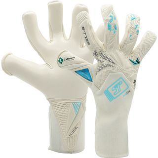 Sells Claw Aqua Fit goalkeeper gloves. The gloves have a white base and black and aqua blue accents on the top of the gloves, the finger tips and the knuckles of the gloves.