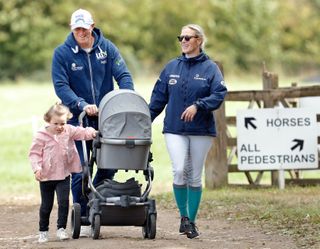 Mike Tindall and Zara Tindall with their daughters Mia Tindall and Lena Tindall (in her pram) attend day 3 of the Whatley Manor Horse Trials at Gatcombe Park on September 9, 2018 in Stroud, England