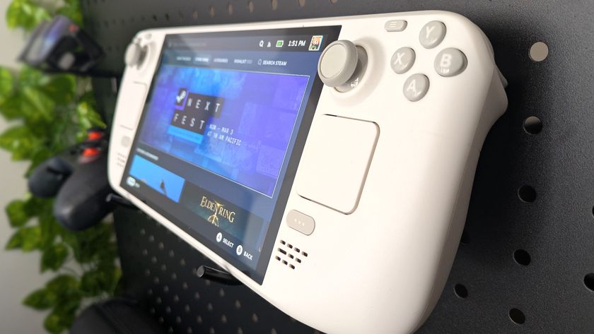 White Valve Steam Deck displaying the Steam Store, with an 8BitDo controller and VITURE Pro XR AR glasses in the background.