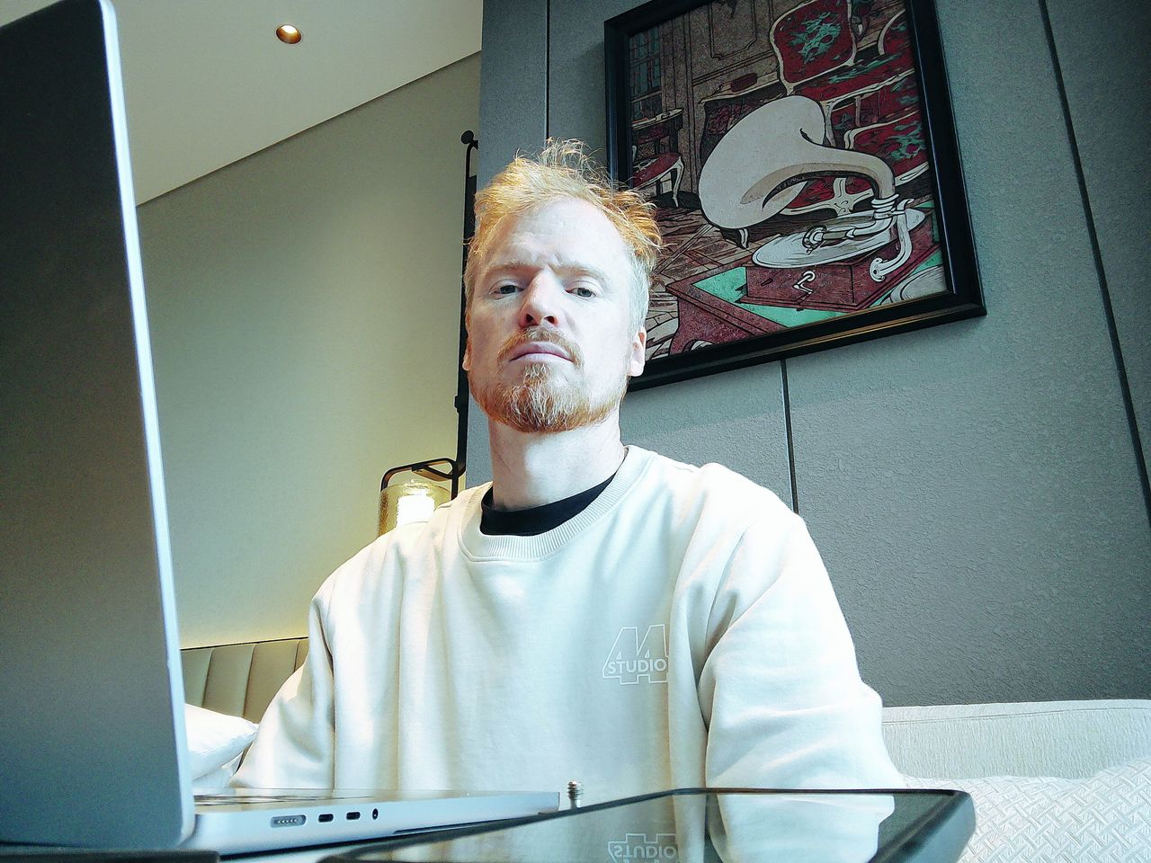 Fujifilm Instax Pal 2 sample gallery: man sat at a table with laptop in front of him