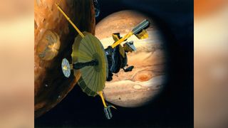 Artist's illustration of Galileo spacecraft flying past Io with Jupiter in the background.