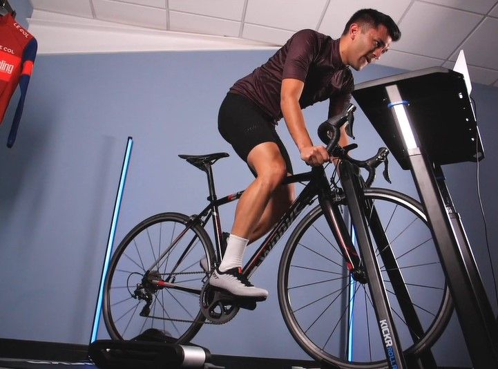 Cycling Weekly's Sam Gupta riding the Wahoo Kickr Rollr.