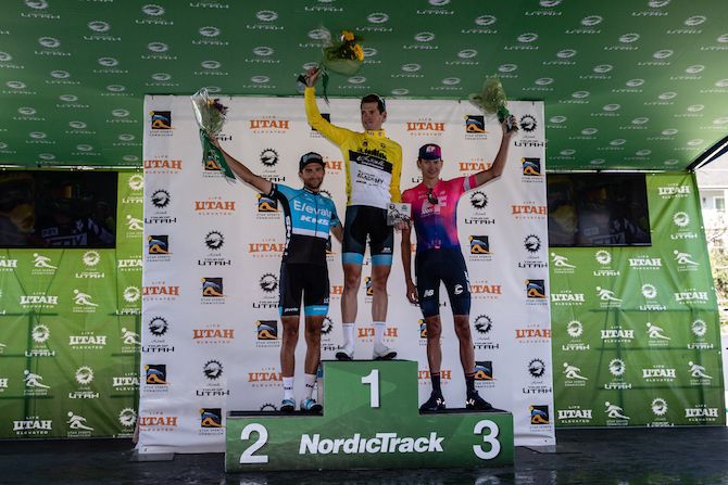 The top-three overall podium &ndash; winner Ben Hermans (Israel Cycling Academy), James Piccoli (Elevate-KHS) and Joe Dombrowski &ndash; after the sixth and final stage of the 2019 Tour of Utah