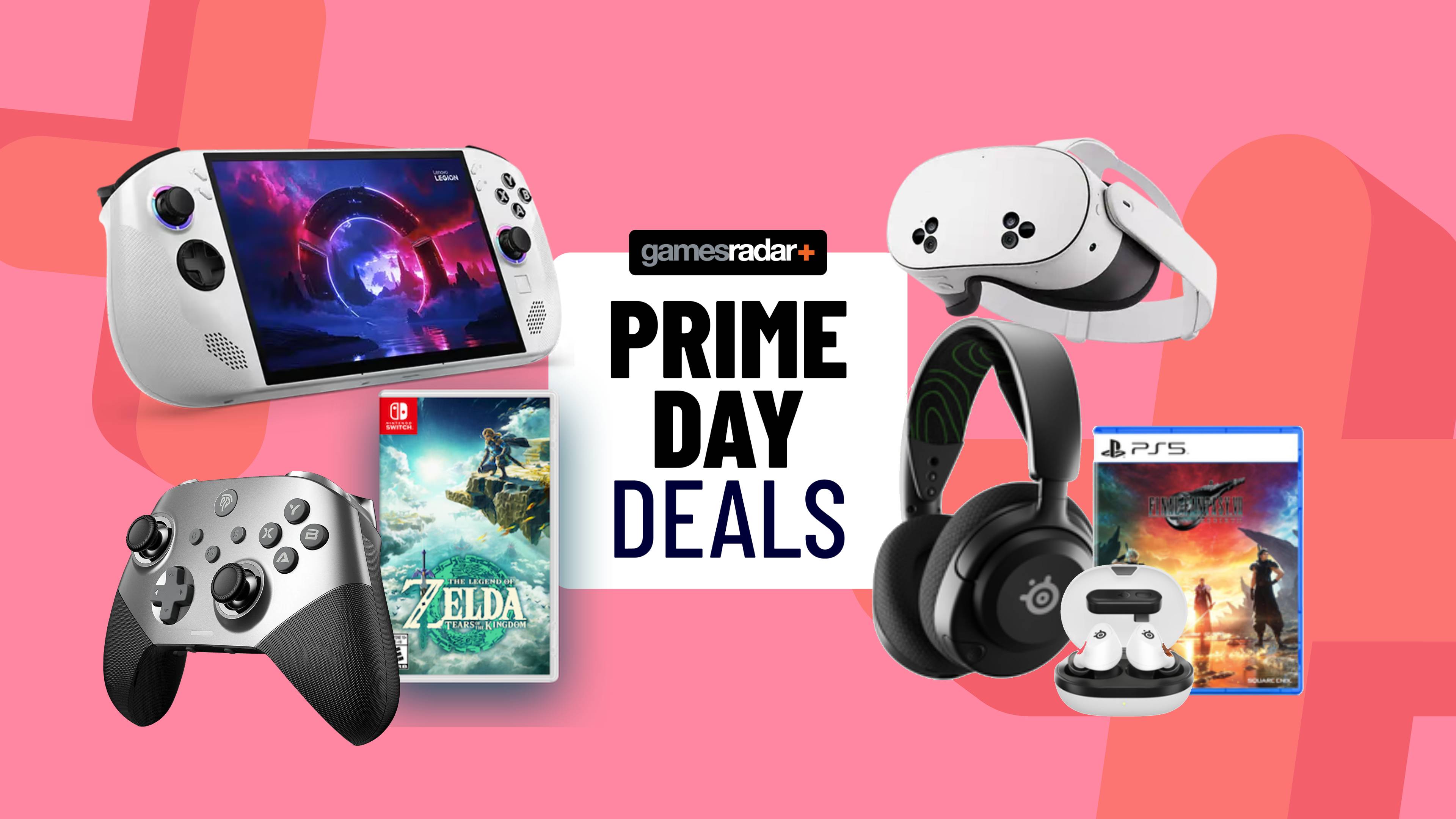 GamesRadar+ Prime Day deals logo with Lenovo Legion Go S handheld, EasySMX X10 controller, and Zelda: Tears of the Kingdom on left and Meta Quest 3S, Steelseries headset, earbuds, and Final Fantasy 7 PS5 box art on right.