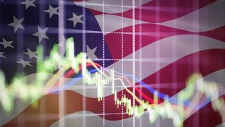 A compound image of a US flag, overlaid with various graphics representing stocks, growth, and finance
