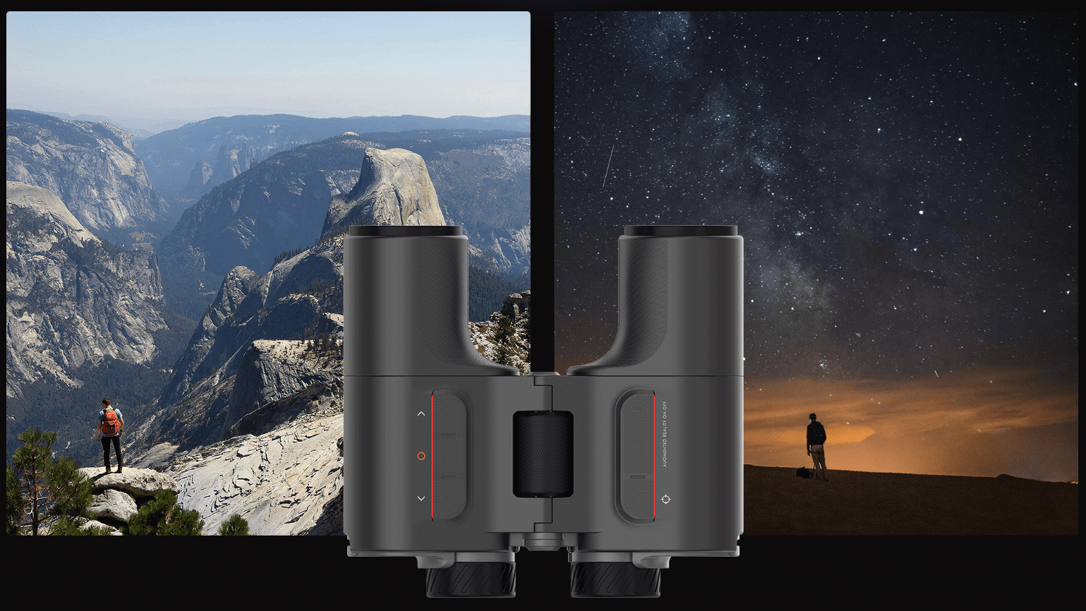 Unistellar Envision smart AR binoculars superimposed over images of a daytime landscape and the night sky