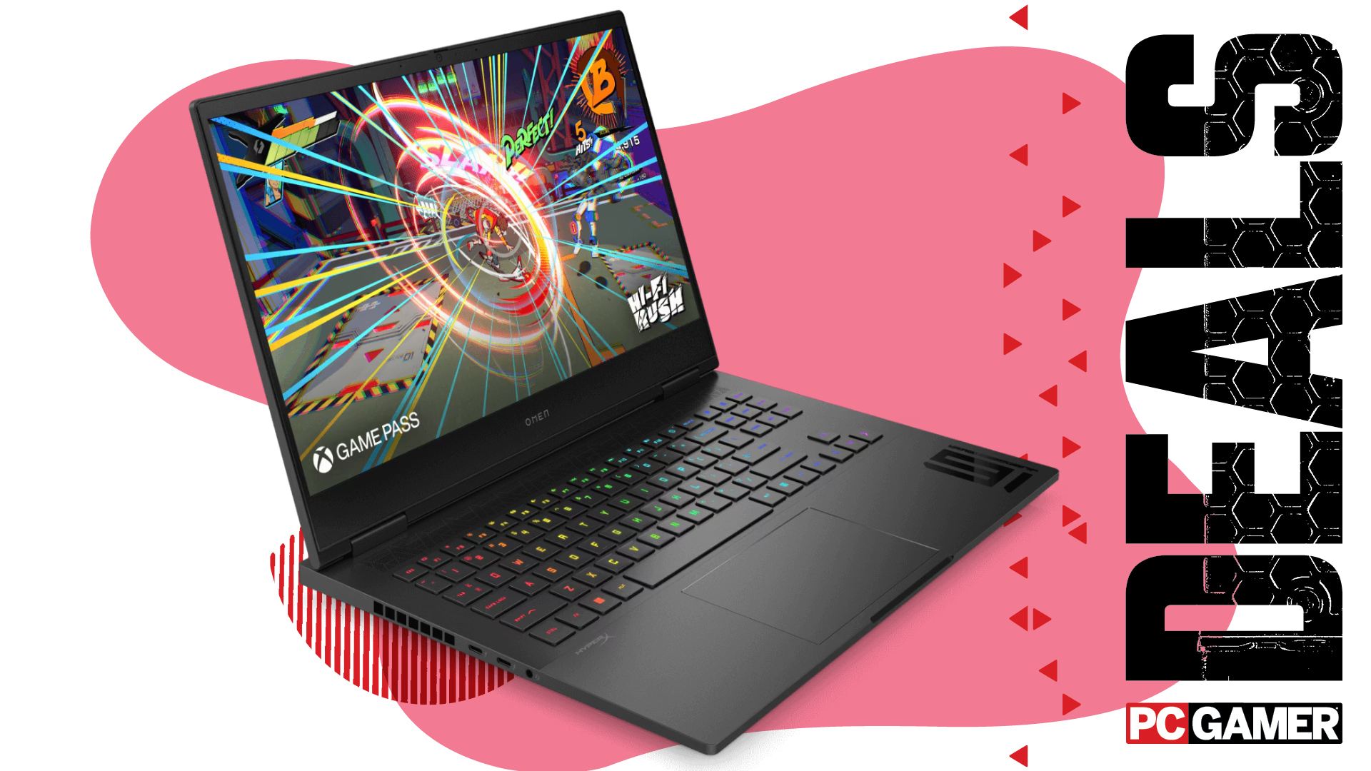An HP Omen 16 gaming laptop on a pink background with "deals" text on the right, and the PC Gamer logo underneath