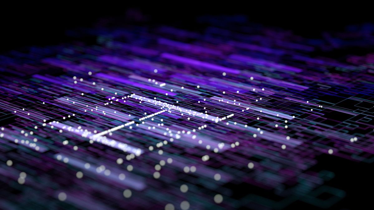 A CGI render of purple and white energy representing open source technology.