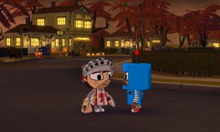 Two kids in Halloween costumes talking in Costume Quest.