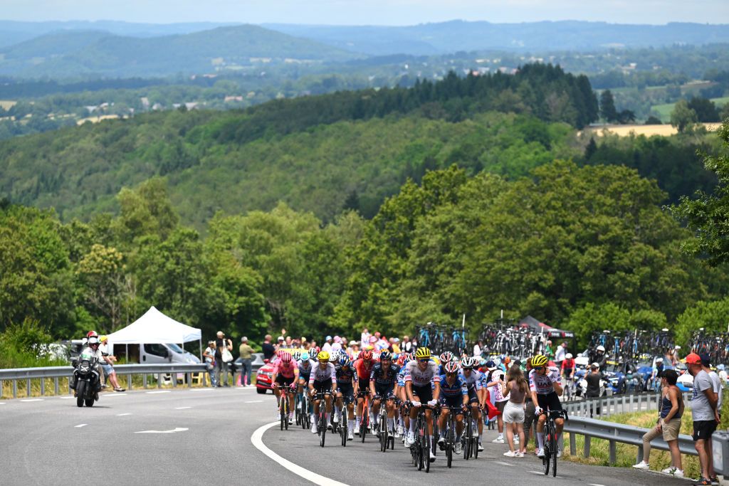 LELIORAN FRANCE JULY 10 A general view of the peloton competing during the 111th Tour de France 2024 Stage 11 a 211km stage from EvauxlesBains to Le Lioran 1239m UCIWT on July 10 2024 in Le Lioran France Photo by Tim de WaeleGetty Images