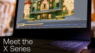 The Disguise X Series software on a laptop showing stage graphics.