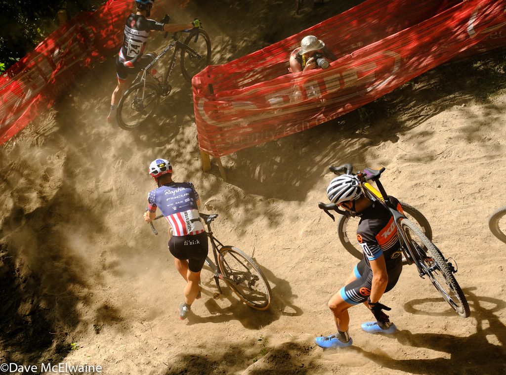 Jeremy Powers (Aspire Racing) dismounting on a tricky downhill U-Turn