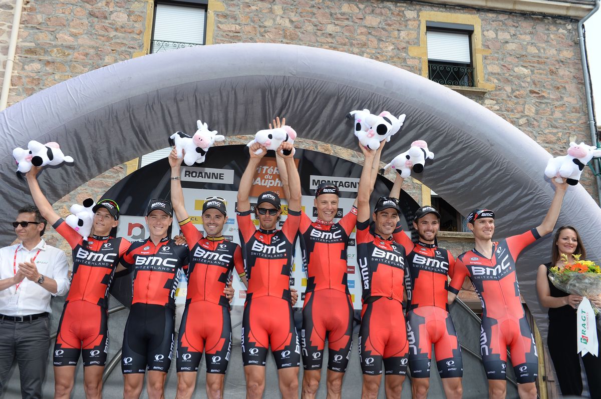 BMC celebrate their victory on the podium