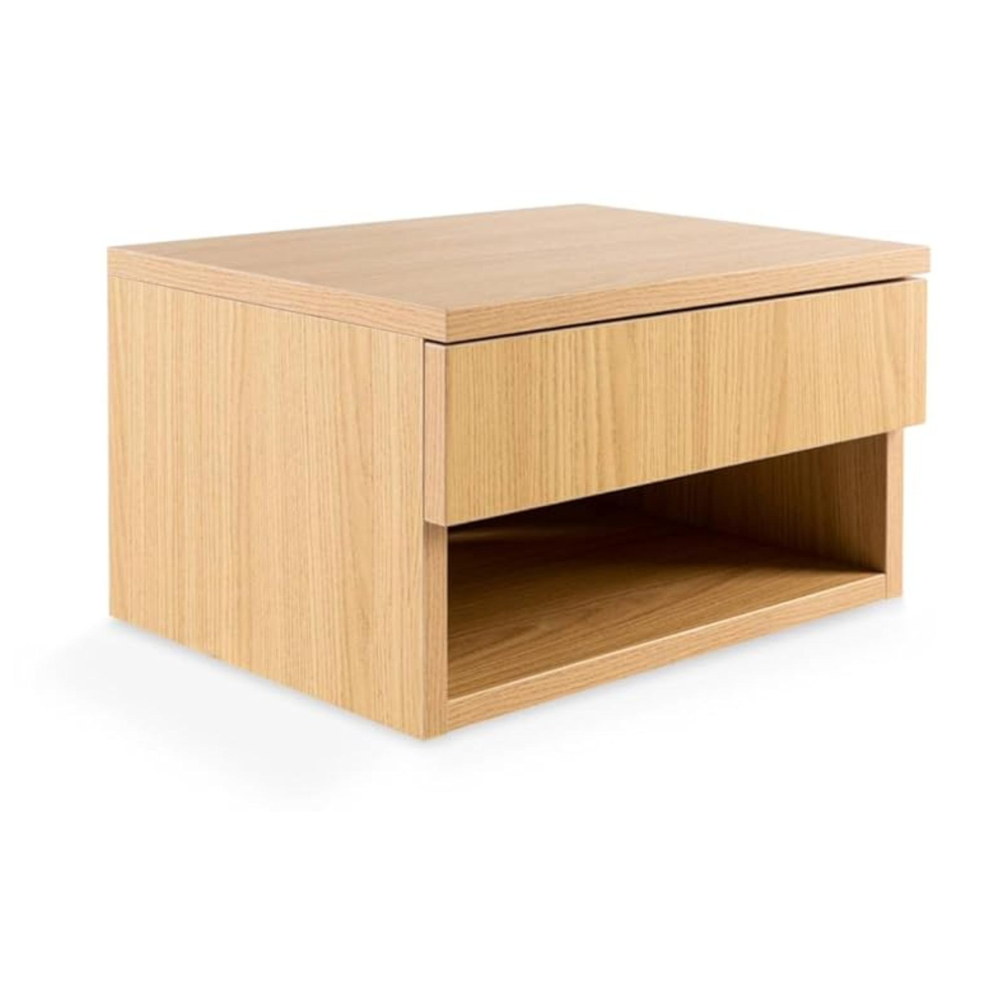 floating bedside shelf with a drawer and an open shelf underneath