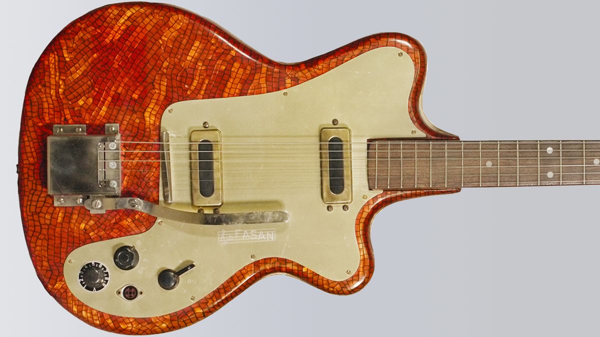 A cropped photo of a rare 1964 Fasan solidbody guitar from Germany