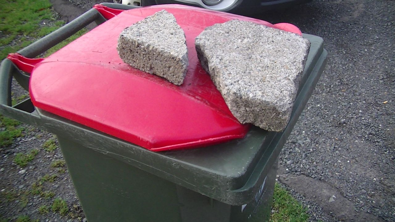 People have put rocks and bricks on their garbage cans to weigh down the lids.