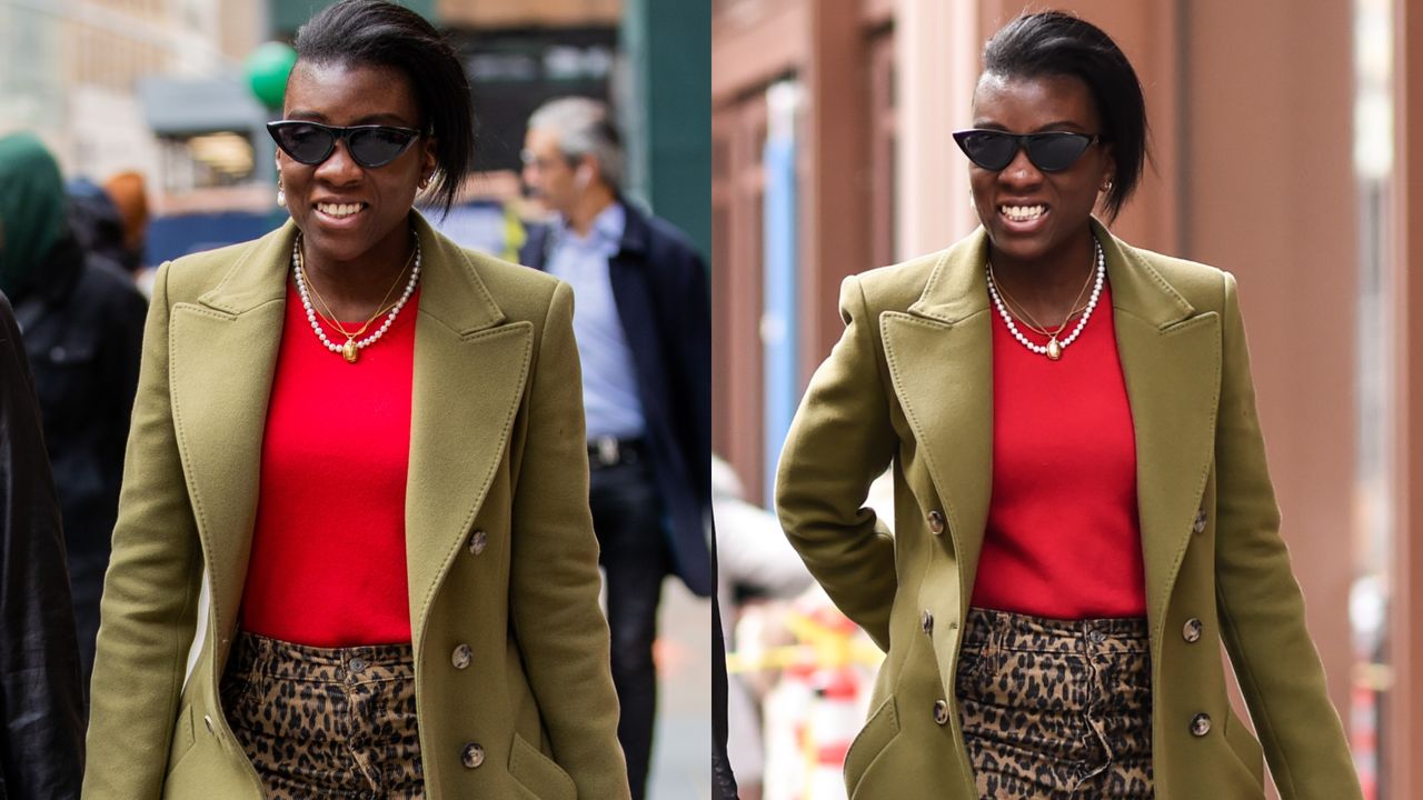 Nikki Ogunnaike wearing a red shirt, a green blazer, and leopard pants