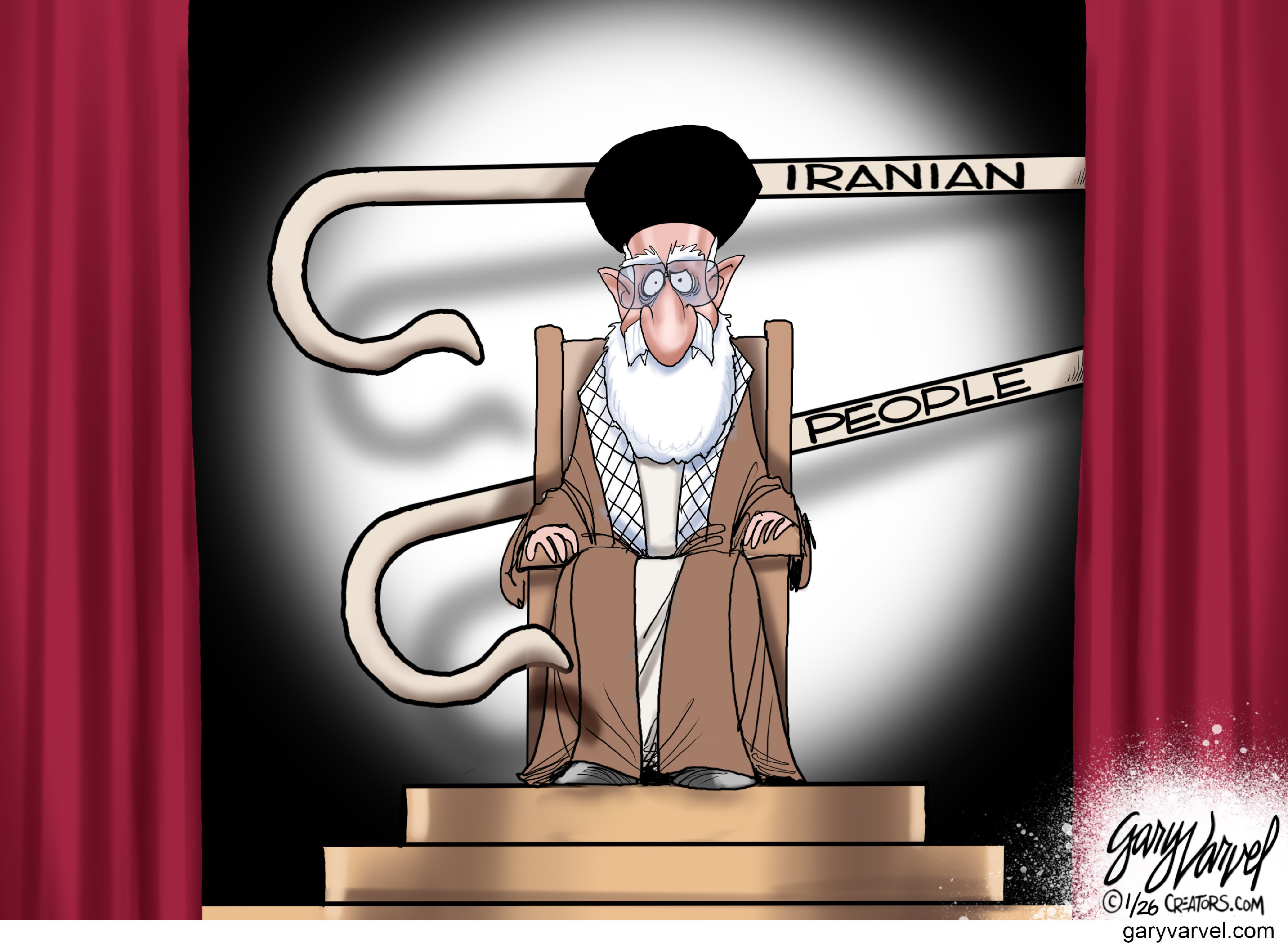The Ayatollah sits on a throne on a stage in this political cartoon. He&amp;rsquo;s about to be swept off stage by two hooks that are labeled &amp;ldquo;Iranian&amp;rdquo; and &amp;ldquo;People.&amp;rdquo;.