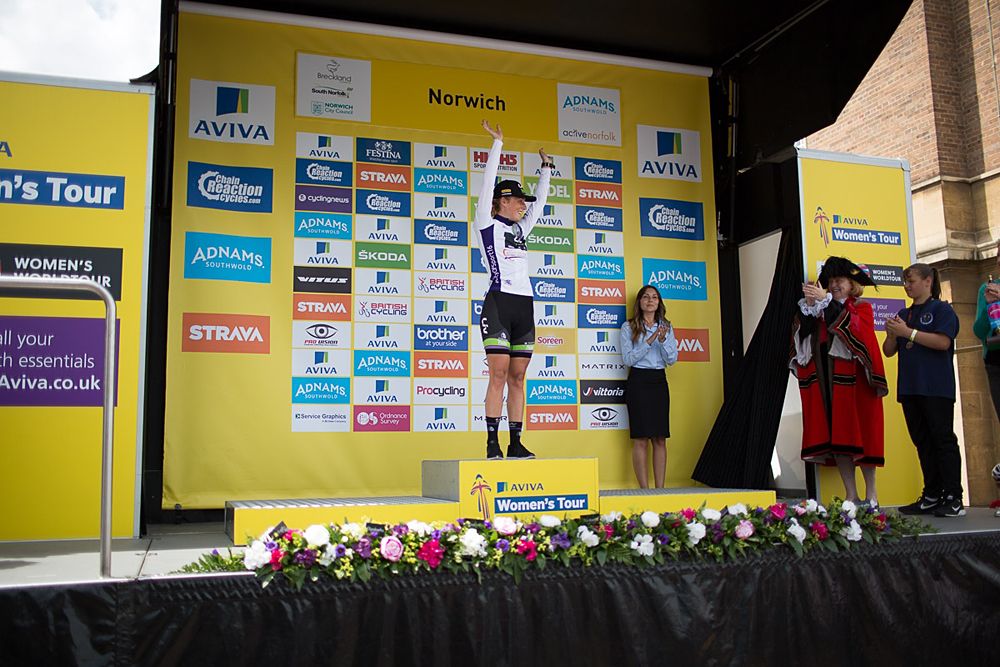 Floortje Mackaaij (NED) of Liv-Plantur Cycling Team celebrates the best young rider's jersey after the Aviva Women's Tour 2016 - Stage 1