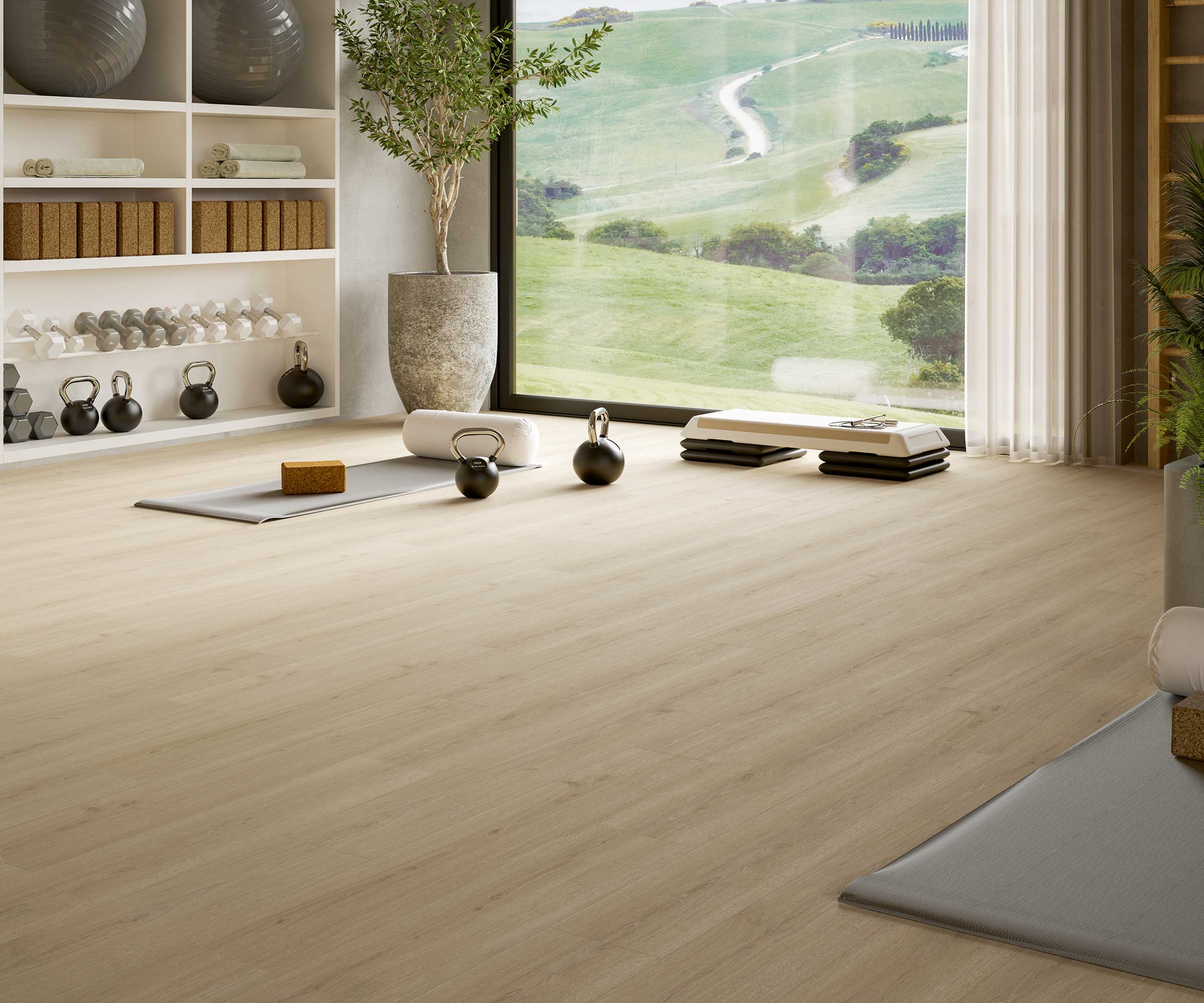 wood effect vinyl flooring in home gym with picture window