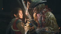 Onimusha: Way of the Sword screenshot showing Miyamoto Musashi fighting a demon with locked blades in a duel.