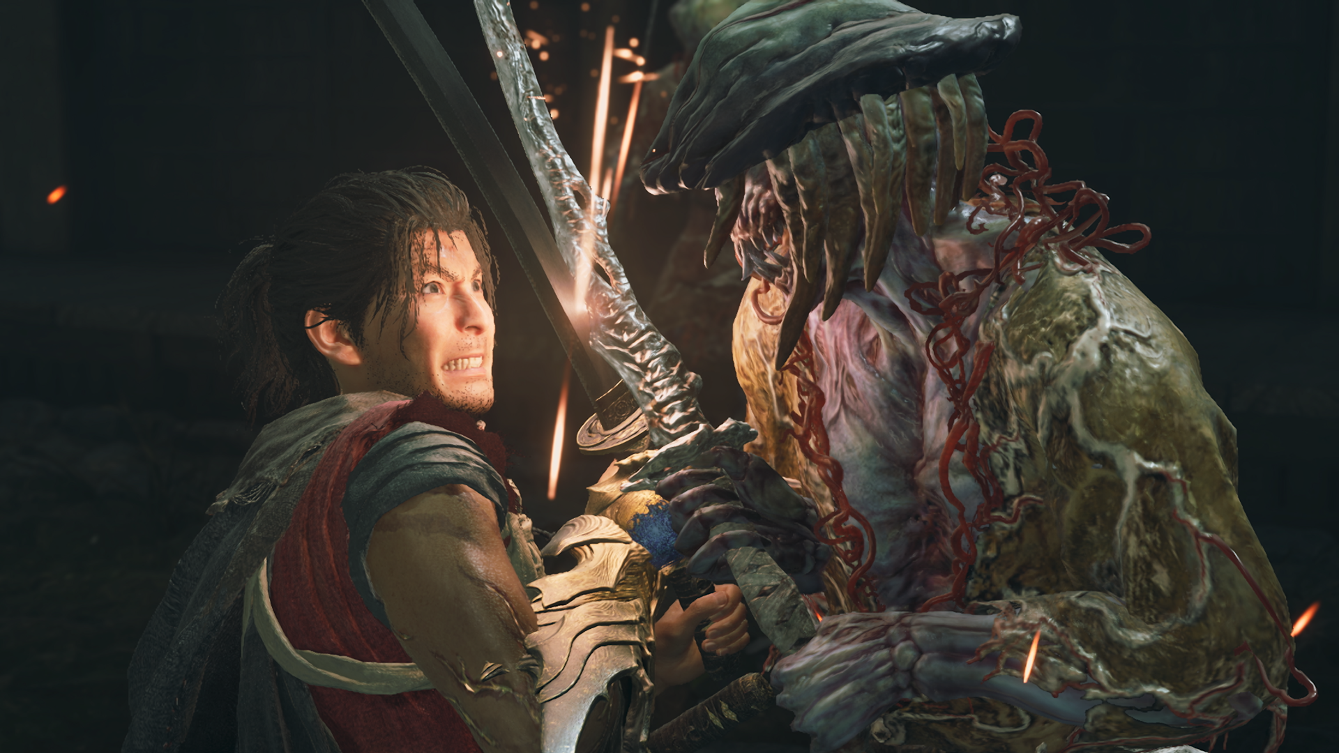 Onimusha: Way of the Sword screenshot showing Miyamoto Musashi fighting a demon with locked blades in a duel.