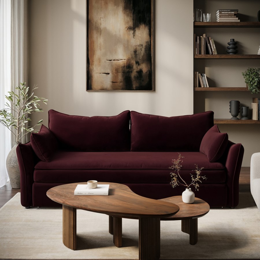 Furniture123, Burgundy Velvet 3 Seater Futon Sofa Bed with Storage