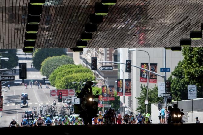 The peloton enters the race circuits in downtown Los Angeles for the final stage of the Tour of California.