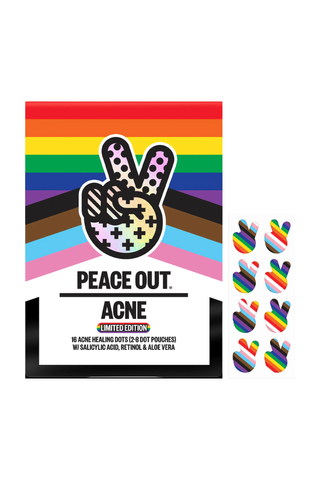 A pack of Peace Out limited edition pride acne stickers on a white background.