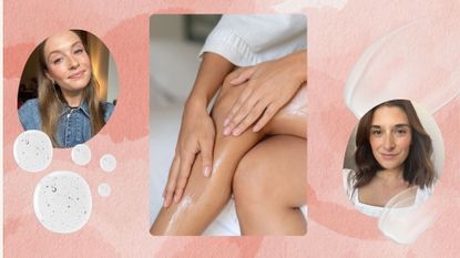collage of woman moisturising her legs and photos of Annie and Jess