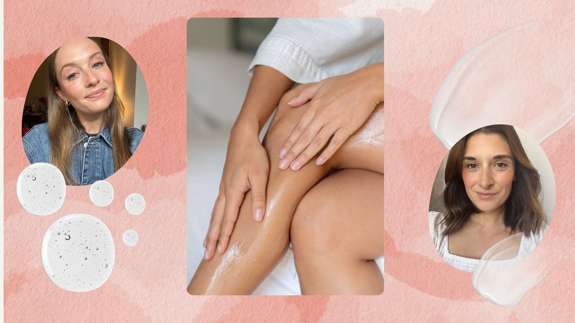 collage of woman moisturising her legs and photos of Annie and Jess