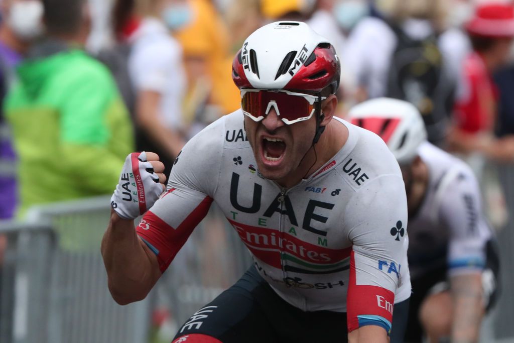 Team UAE Emirates rider Norways Alexander Kristoff celebrates as he crosses the finish line of the 1st stage of the 107th edition of the Tour de France cycling race 156 km between Nice and Nice on August 29 2020 Photo by Thibault Camus POOL AFP Photo by THIBAULT CAMUSPOOLAFP via Getty Images