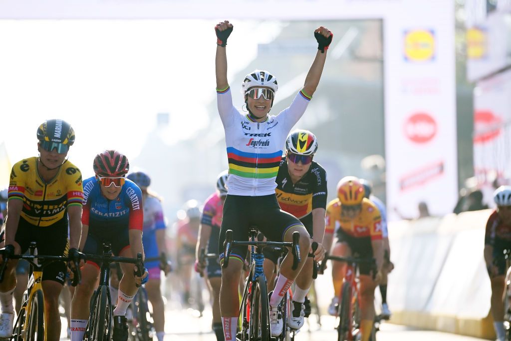 WEVELGEM BELGIUM MARCH 27 Elisa Balsamo of Italy and Team Trek Segafredo celebrates at finish line as race winner ahead of Marianne Vos of Netherlands and Jumbo Visma Team Maria Giulia Confalonieri of Italy and Ceratizit WNT Pro Cycling Team and Lotte Kopecky of Belgium and Team SD Worx during the 11th GentWevelgem In Flanders Fields 2022 Womens Elite a 159km one day race from Ypres to Wevelgem GWEwomen UCIWWT on March 27 2022 in Wevelgem Belgium Photo by Tim de WaeleGetty Images