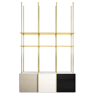 brass and marble floor to ceiling bookshelf